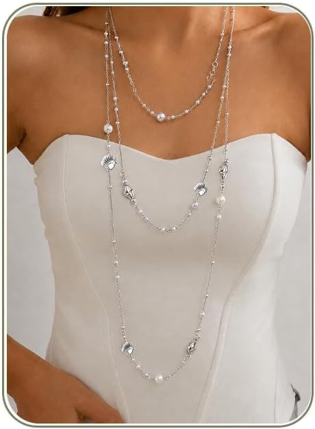 Layered Pearl Necklaces For Women - Silver Gold Pearls Beach Shell Necklace Stack Long Pearl Summer Necklaces For Women Trendy Silver Gold Shell Beach Summer Necklace Stack Jewelry
