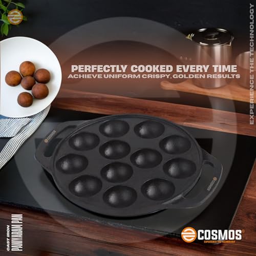 Image of E-COSMOS Pre Seasoned Cast Iron 12 Cavity Appam Patra, Paniyaram Pan Iron, Appam Pan, Pan Cake, Paddu, Appam Maker, Ponganal Maker, Appe and Litti Maker with 2 Side Handle, 25cm, (Black) (12 Cavity)