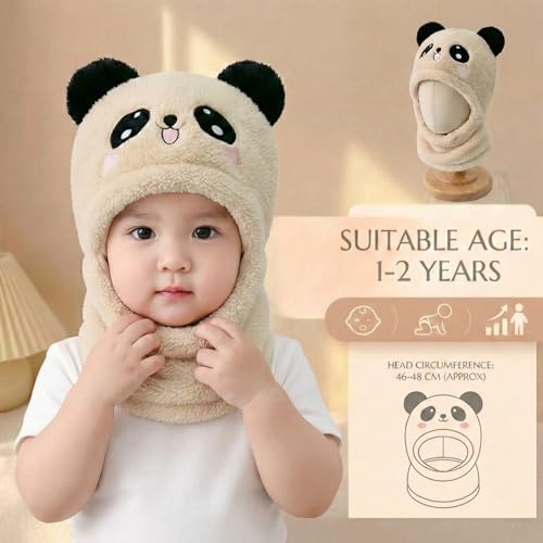 Image of Kraptick Winter Kids Monkey Cap - Cute Panda Plush Balaclava Hat with Neck Warmer Scarf Soft Woolen Fleece Lined Windproof Earflap Hood for Babies -3