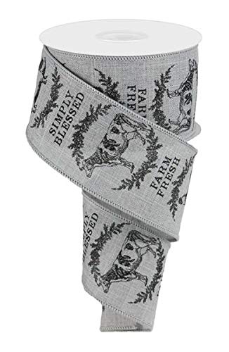 Farmhouse Animals Canvas Wired Edge Ribbon - 2.5" x 10 Yards (Light Grey, Black)