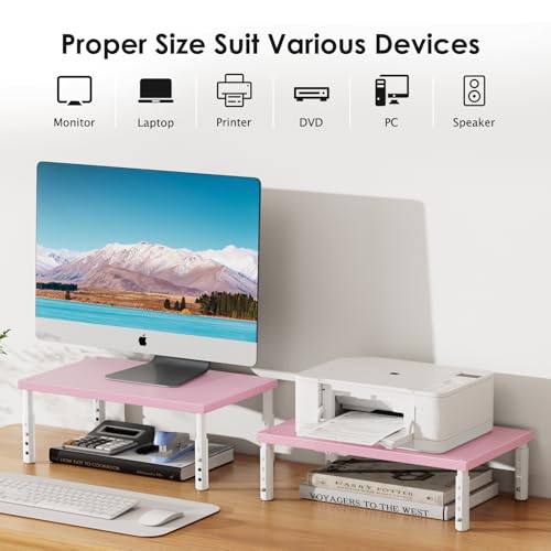 Image of ECOLOVI Adjustable Wood Computer Monitor Stand Riser, Office Desk Organizer and Accessories for Monitor, Laptop, PC, Printer, Office Desk Accessories Workspace Organizer for Home Office Supplies, Pink