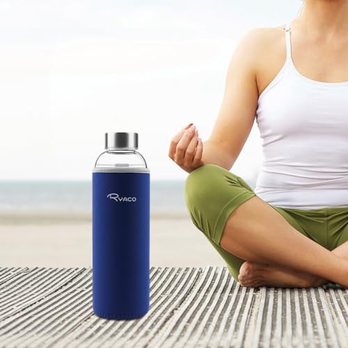 Image of Ryaco Borosilicate Glass Water Bottle 33oz /1L /1000ml BPA-Free Leak Proof Ideal for School Home Office Travel Sport Yoga Gym Hot Cold Drinks with Portable Neoprene Carrying Sleeve and Sponge Brush