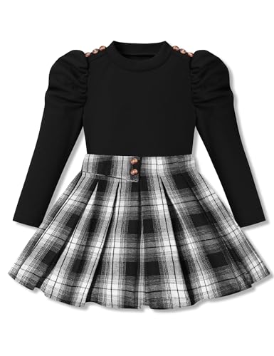 Image of Fuermos Toddler Girl Clothes Puff Sleeve Top and Pleated Girls Plaid Skirt Set 2PCS Girls Outfits Fall Winter