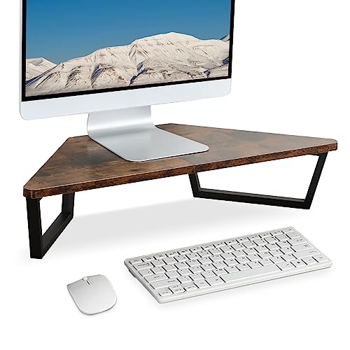 TEAMIX 26 inch Triangle Monitor Stand Riser Desktop Corner Shelf with Metal Leg Wood Computer Stand with Storage Laptop Riser Office Organization