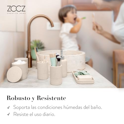 ZCCZ Juego de 6 Accesorios de baño Beige con Dispensador de jabón, 2 Soportes para hisopos, Soporte para Cepillo de Dientes, Vaso de baño y Bandeja de tocador, Organizador Decorativo para encimera - imagen 5