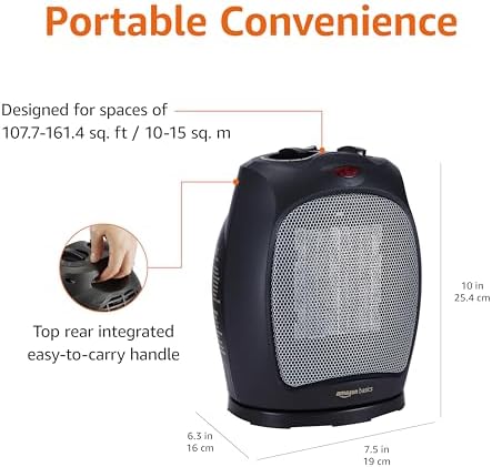 Amazon Basics Oscillating Ceramic Space Heater, Portable Fast Heating Indoor Solution, With Overheat and Tip-Over Protection, Thermostat, 1500W, 7.52"D x 6.34"W x 9.45"H, Black - 2