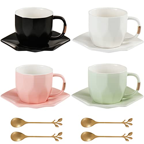 All-Pie 240ml Ceramics Coffee Cups and Saucers of 4 Sets,Golden Spoon,for Cappuccino, Latte, Mocha, Modern Design (Black+White+Pink+Green)