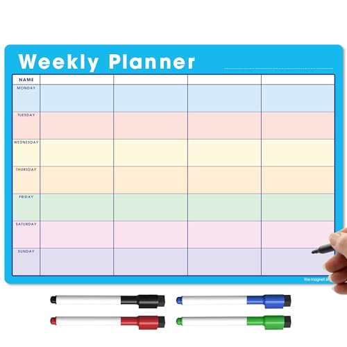 TMS A3 Magnetic Weekly Planner and Organiser – Fully Customisable Whiteboard for Family or Business Tasks and Meal Planning - with 4 Free Magnetic Dry Wipe Pen (Blue - Multi-Coloured, A3)