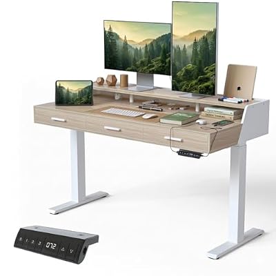 CubiCubi Standing Desk 55x26 Inches with 3 Wood Drawers and Monitor Shelf, Ergonomic Rising Home Office Desks, Height Adjustable Computer Desk, Sit Stand Up Electric Workstation Table, Pale Walnut
