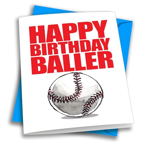 Play Strong Baseball Happy Birthday Baller Birthday Card 1-Pack (5x7) Sports Birthday Cards Greeting Cards Awesome for Baseball Players, Coaches and Fans Birthdays, Gifts and Parties!