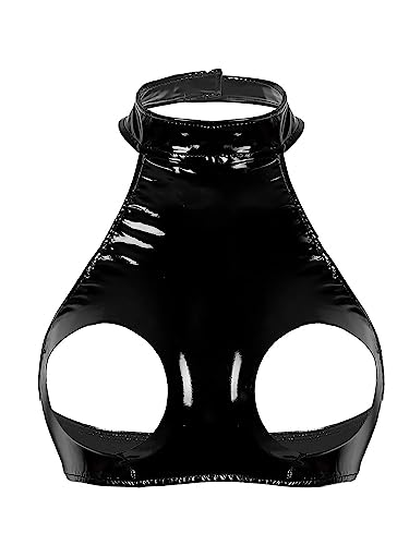 YEAHDOR - YEAHDOR Soutien-Gorge Cuir Femme Sexy Débardeur Latex Ouvert Poitrine Nu Halter Lingerie Coquine Erotique Clubwear S-4XL Noir XXL