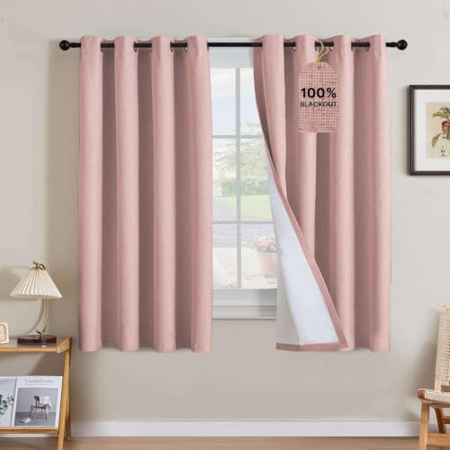 Image of H.VERSAILTEX Linen Curtains 100% Blackout Curtains for Bedroom 63 inch Long Full Light Blocking Nature Linen Blended Window Curtains for Living Room Nickel Grommet (2 Panels, Heathered Baby Pink)
