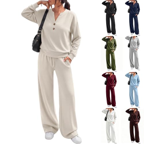 Gryvoilet Lounge Matching Set for Women 2 Piece Sets Fall Outfits Henley Neck Sweatshirt Wide Leg Sweatpants Airport Travel Two Piece Outfits Travel Vacation - image 1