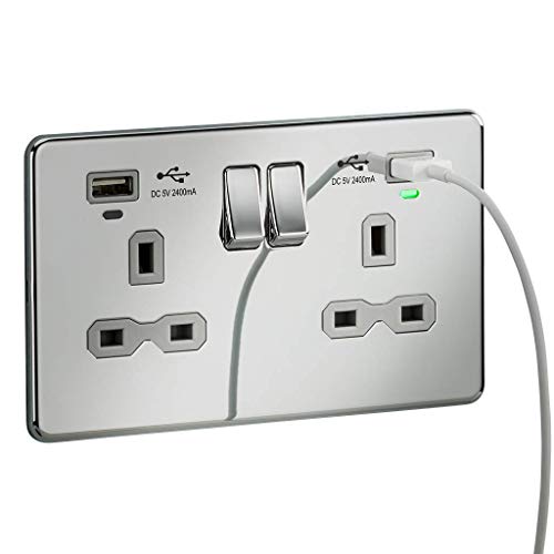 Prise double 13A chrome brossé Knightsbridge SFR9904NBCG avec double chargeur USB gris intégré