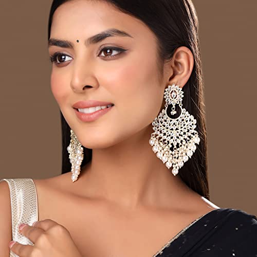 Image of Yellow Chimes Ethnic Gold Plated Meenakari Traditional Kundan Studded Floral Design Pearl Chandbali Earrings for Women and Girls