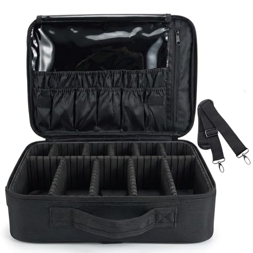 Image of SHAMAX Professional Makeup Bag for Women Travel Cosmetic Kit Storage (2-Layer) Vanity Bag Cosmetics Makeup Brush Bag with Adjustable Dividers Portable Zipper Closure(Black) - Adjustable Strap