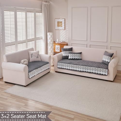 Image of HOKIPO 'BelleLace Series' 5 Seater Sofa Cover Mat in 3+2 Seater Combination | Imperial Milk Velvet with Anti Slip Backing, Porpoise Grey (AR-5966+5964-DGRY)