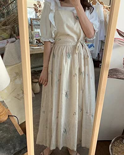 Losofar Embroidered Cotton Pleated Apron Retro Waterdrop Proof Garden Cleaning Pinafore Dress (Floral Beige, 103Cmx86Cm) #TOP7