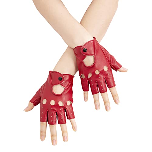 JISEN Women PU Leather Punk Gloves Rivets Belt Up or Snap Half Finger Performance Mittens, D-red, One size