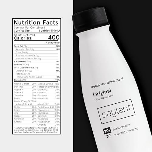 Image of Soylent Original Meal Replacement Shake, Ready-to-Drink Plant Based Protein Drink, Contains 20g Complete Vegan Protein and 1g Sugar, 14oz, 12 Pack