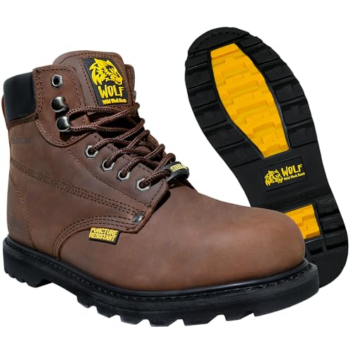 Wolf Work Boot | 100% Genuine Upper Leather | Oil Impact | Electrical Hazards | Non-Slip Rubber Sole | Tan Nubuck Plain Toe | Padded Collar | Construction | Industrial PPE