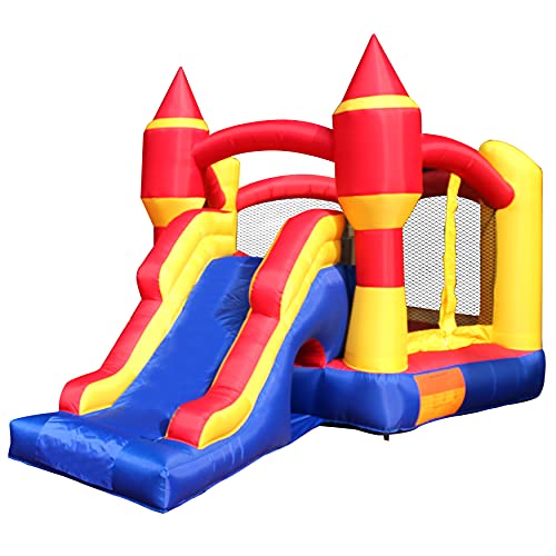 Inflatable Bounce House Castle Bouncer - Indoor/Outdoor Portable Jumping Bounce Castle w/ Slide, Safety Net - Kids Castle Party Bounce House Velcro balls Rings, Air Pump, Carry bag -SereneLife SLIB960