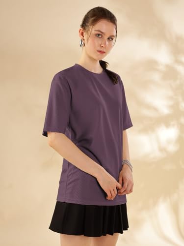 Image of HELLCAT Trendy Textured Half Sleeve Oversized Hexagon Waffle Crew Neck Tshirt for Women