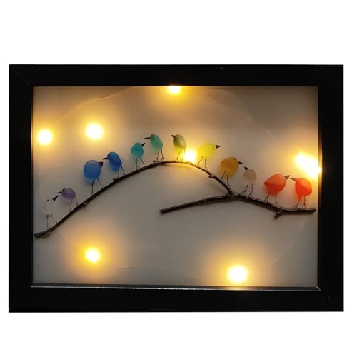 Yawdil Oiseau arc-en-ciel en verre de mer, cadre photo lumineux LED, oiseau arc-en-ciel sur branche, belle décoration murale pour la maison ou cadeau pour un ami