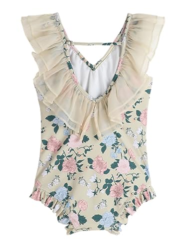 Image of 2026 Premium Girls One Piece Swimsuit, Floral Print Ruffle V-Neck Sleeveless Backless Bathing Suit for Kids