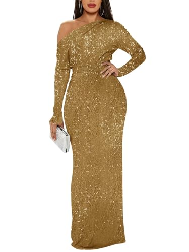 Eightale Plus Size Gold Sequin Prom Dresses for Women Long