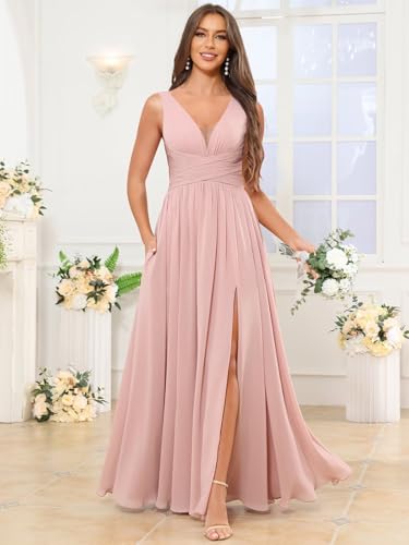 TORYEMY Chiffon Bridesmaid Dresses for Women Long V Neck Formal Evening Dresses with Slit3