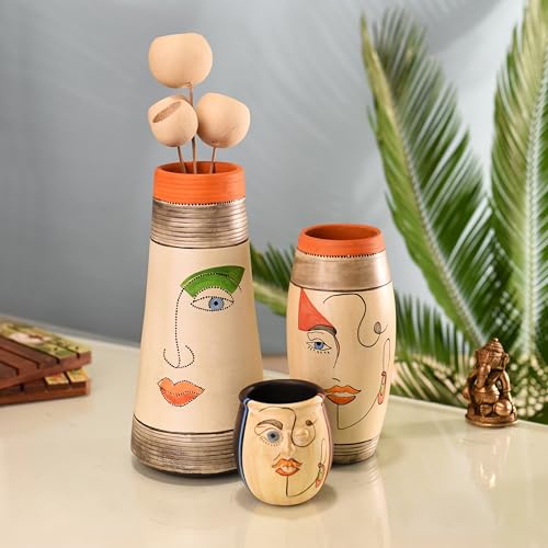 Image of Aakriti Art Creations Mohana-I Decorative Vases Set of 3 | Multicolor Terracotta Flower Vases | Matte Finish Modern Art Decorative Vases for Living Room, Table Decor & Gifting