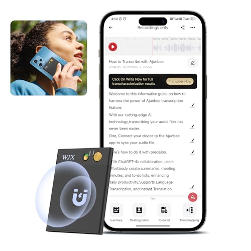 AI Voice Recorder WJX Voice Recorder Support 150 Languages for Interpretation, Transcribe, Summarize Empowered by ChatGPT 64GB Memory App Control Audio Recording Device for Lectures Meetings（Black）