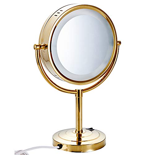 Cavoli 8.5 inch LED Makeup Mirror with 10x Magnification,Tabletop Two-Sided, has Three Colors Lights,Gold Finish(8.5in,10x)