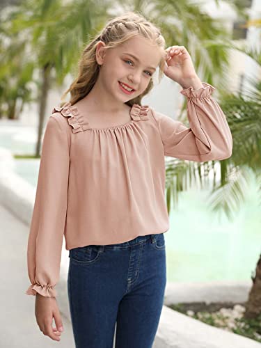 Farktop Girls Ruffle Long Sleeve Blouses Shirts Loose Kids Casual Tunic Tops 5-14 Years Pink #TOP2