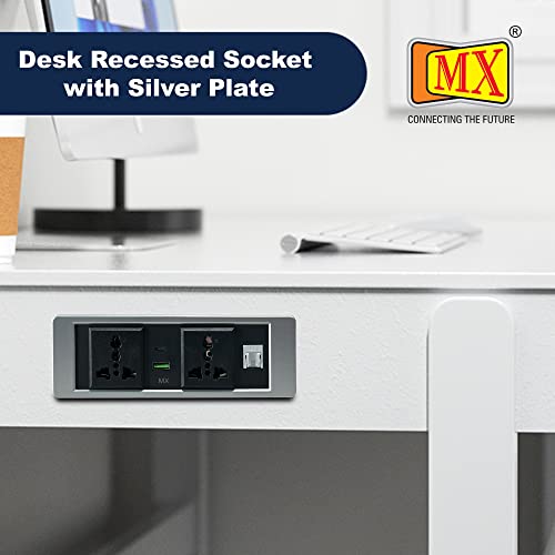 Image of MX Premium Power Console 16 Amp 6 Universal Sockets with 2 USB Charging Port Extension Board - with Removable Desk Clamp Power Strip Master Switch (Desktop Socket - 2AC + USB-A /C + CAT6 (Silver))