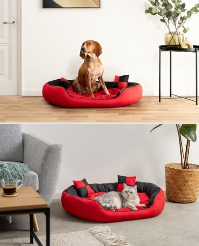 lionto Hundebett 4-in-1 mit Wendekissen aus robustem Oxford, 85x70 cm, Heimtierkissen Kratzfest mit tiefem Einstieg für Katzen und Hunde Aller Größen, inkl. Zierkissen, wasserabweisend, rot/schwarz