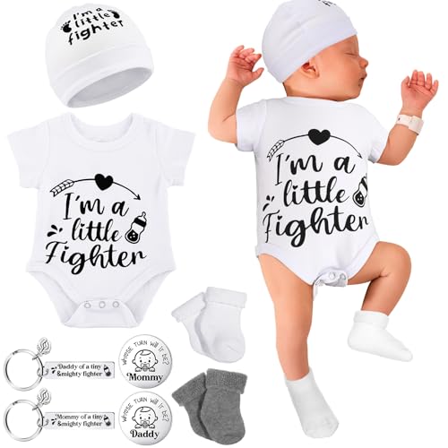 Image of Toulite NICU Preemie Baby Gift Set I'm Little Fighter Preemie Baby Hat and Bodysuit Cotton Socks with Keychain Coin
