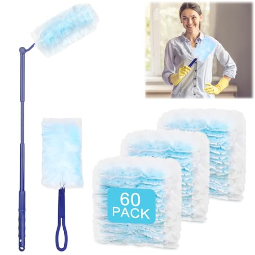 60 Stück Staubmagnet Nachfüllpack Duster Mit Einweg Staubwedel Mit 2 Handgriff Staubfänger Staubwedel, teleskopstange, für Tierhaare Staub Schmutz