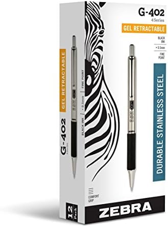Zebra Pen G-402 Retractable Gel Pen, Stainless Steel Barrel, Fine Point, 0.5mm, Black Ink, 12-Pack