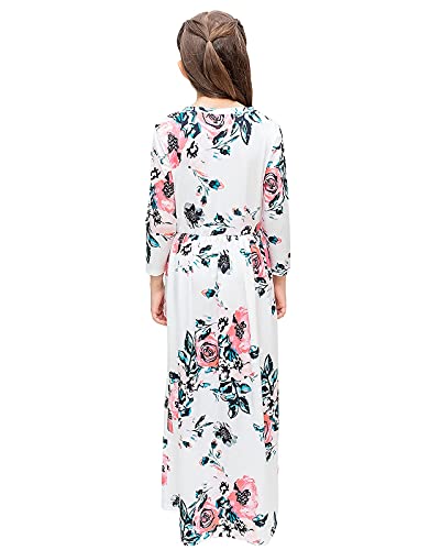 21Kids Girls Floral Pocket Maxi Dress 3/4 Long Sleeves Maxi Long Dress, White, 12 Years #TOP1