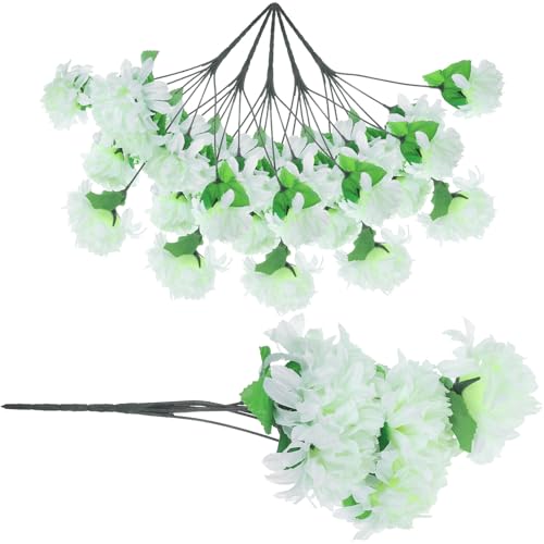DECORNIJIA Ramo de 6 Tallos de Crisantemos Artificiales Color Blanco Leche para Decoración de Tumbas Cementerios Flores Artificiales Resistentes para Exteriores Arreglo Floral para Lápidas