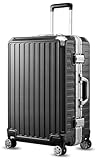 LUGGEX 24 Inch Luggage with Aluminum Frame, 61L Polycarbonate Zipperless Checked Medium Luggage, Black Hard Shell Suitcase 4 Metal Corner