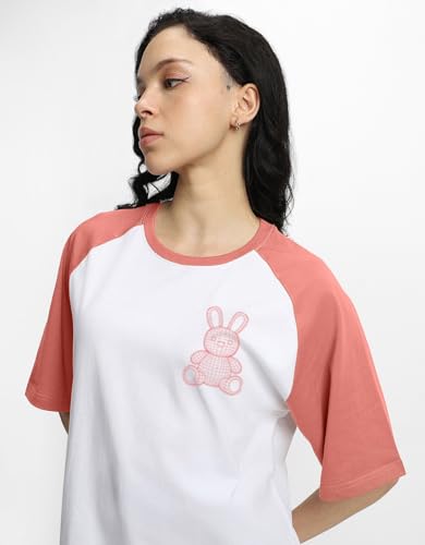 Image of JUNEBERRY 100% Pure Cotton Oversized Baggy Fit Drop Shoulder Round Neck Graphic Printed Raglan Sleeve T-Shirt for Women (Sizes: S to 2XL)
