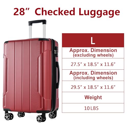 28''Hardshell Luggage with TSA Lock, Lightweight and Durable ABS Suitcase with Double Wheels, Expandable Checked Luggage, Single Travel Suitcase, Red3