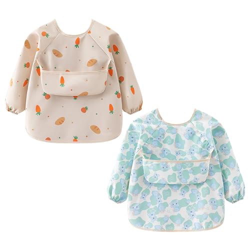 Astralong Bavoirs Manches Longues Bébé, Lot de 2 Bebe Bavoir Imperméable Tablier, Tablier Bebes pour Manger 24-48 Mois, Facile à Nettoyer et Lavable en...