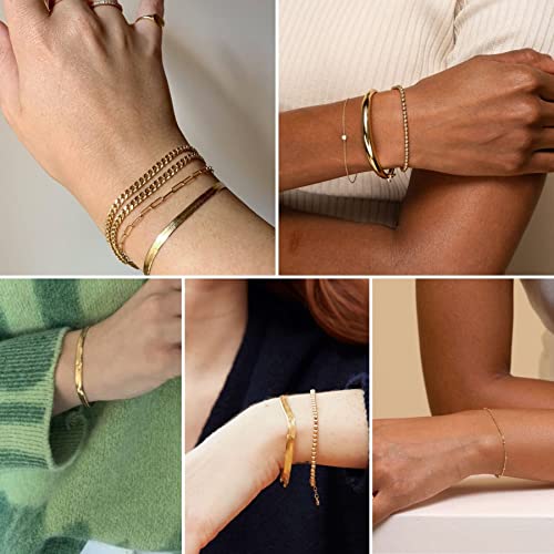 Kainier 14K Gold Plated Chain Bracelet Set - Dainty & Cute For Women Girls, Cubic Zirconia Stainless Steel Link Paperclip, Bead & Ball Stackable Bracelets, Stretchable Elastic, Adjustable (Gold) #TOP2