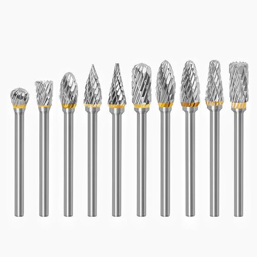 Image of Sunkizzrs 10-Pcs Tungsten Carbide Rotary Burr Set -Carbide Double Cut Carving Burr Bits with 1 /8 inch(3mm) Shank -Rotary Tool Accessories for Woodworking, Engraving, Drilling, Steel Metal Working