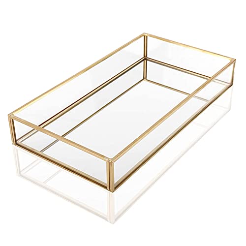 Bandeja Organizadora Decorativa, Bandeja de Almacenamiento de Joyas, Bandeja Decorativa Espejo, Bandeja de Cristal y Espejo, Bandejas de Cosméticos Dorado, para Tocador, Baño, Dormitorio (20*14*3,5cm) Cover