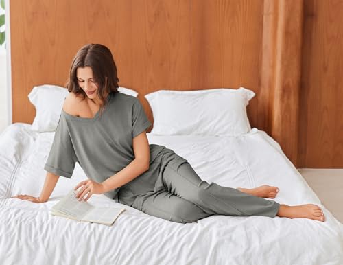 Image of Ekouaer Pajamas for Women Set 2 Piece Short Sleeve Tops with Long Pants V Neck Soft Pjs Casual Lounge Set with Pockets